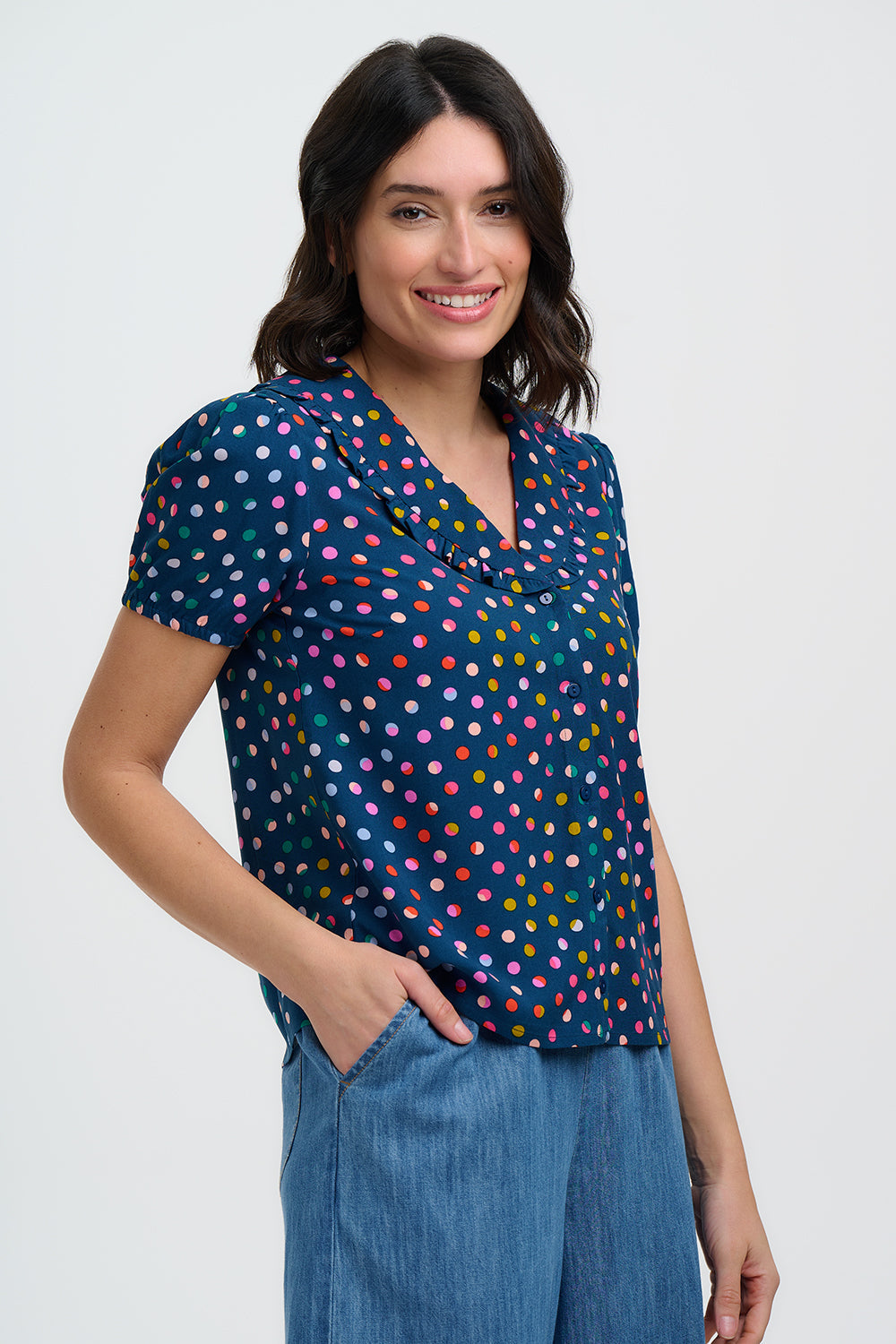 Sugarhill Elaine Frill Blouse - Petrol Navy, Rainbow Marbles.