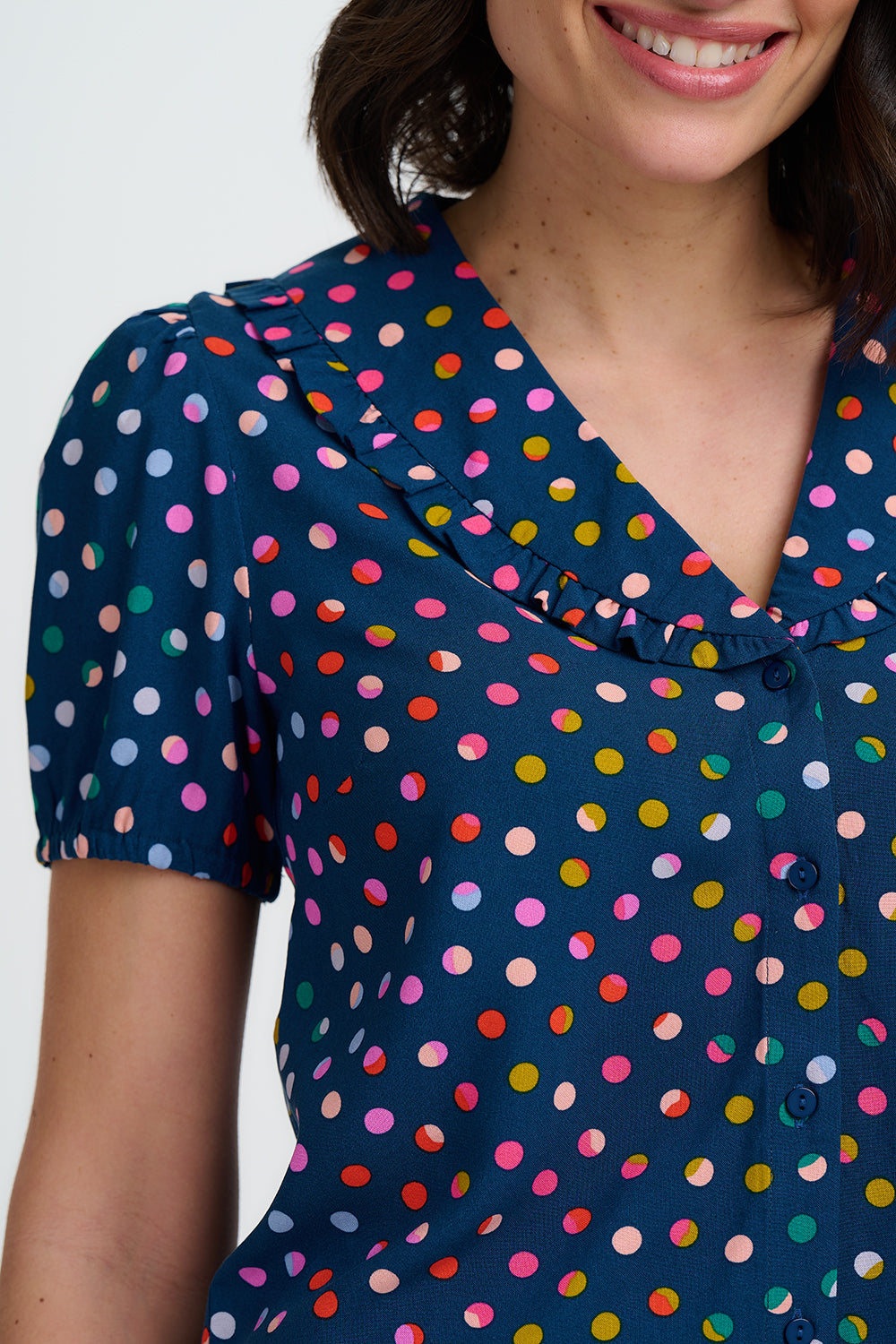 Sugarhill Elaine Frill Blouse - Petrol Navy, Rainbow Marbles.