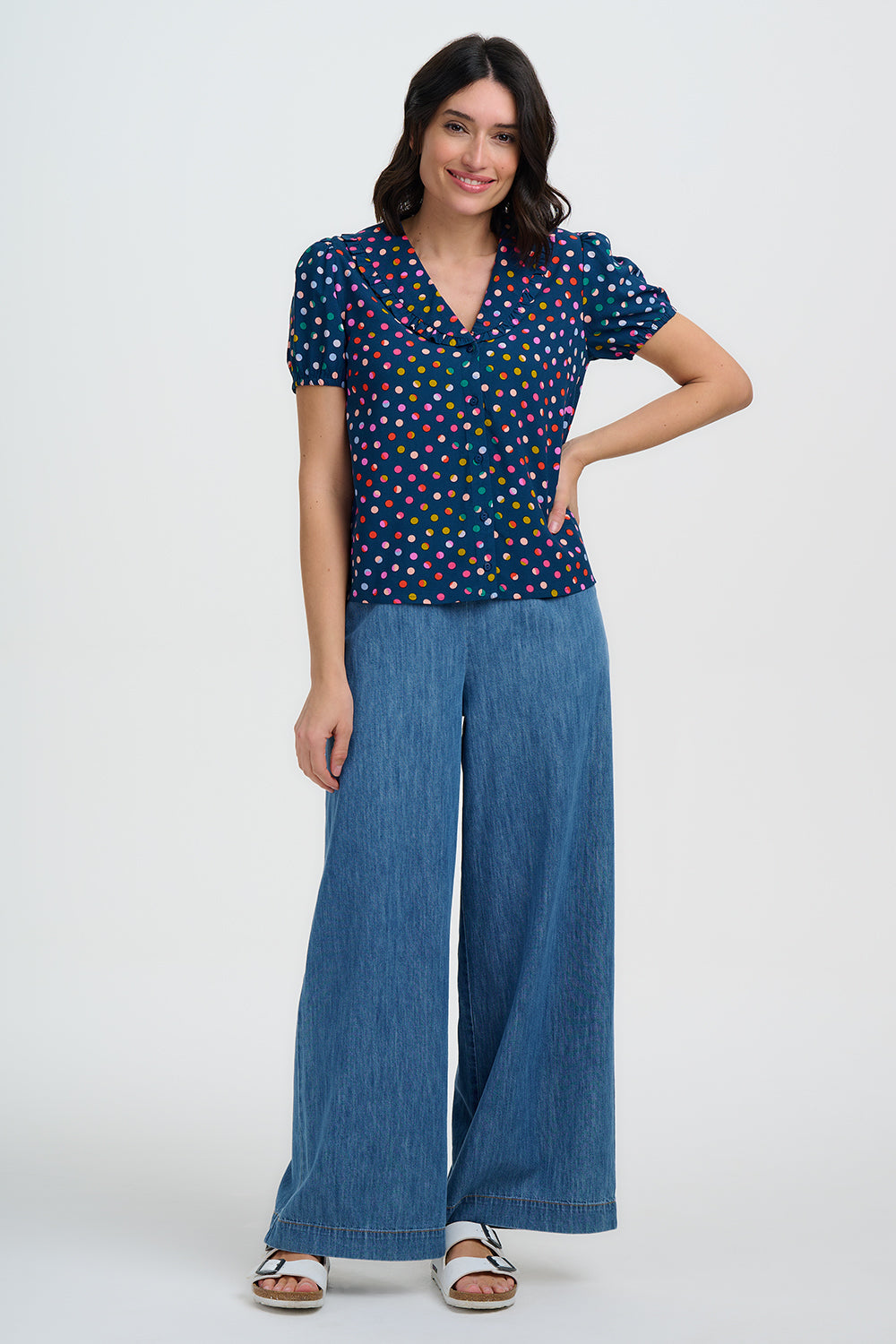 Sugarhill Elaine Frill Blouse - Petrol Navy, Rainbow Marbles.