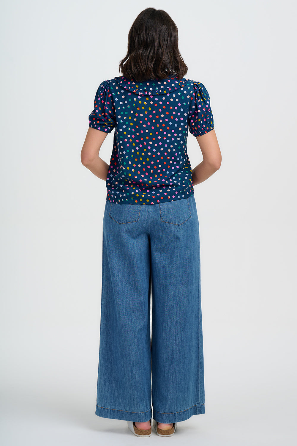 Sugarhill Elaine Frill Blouse - Petrol Navy, Rainbow Marbles.
