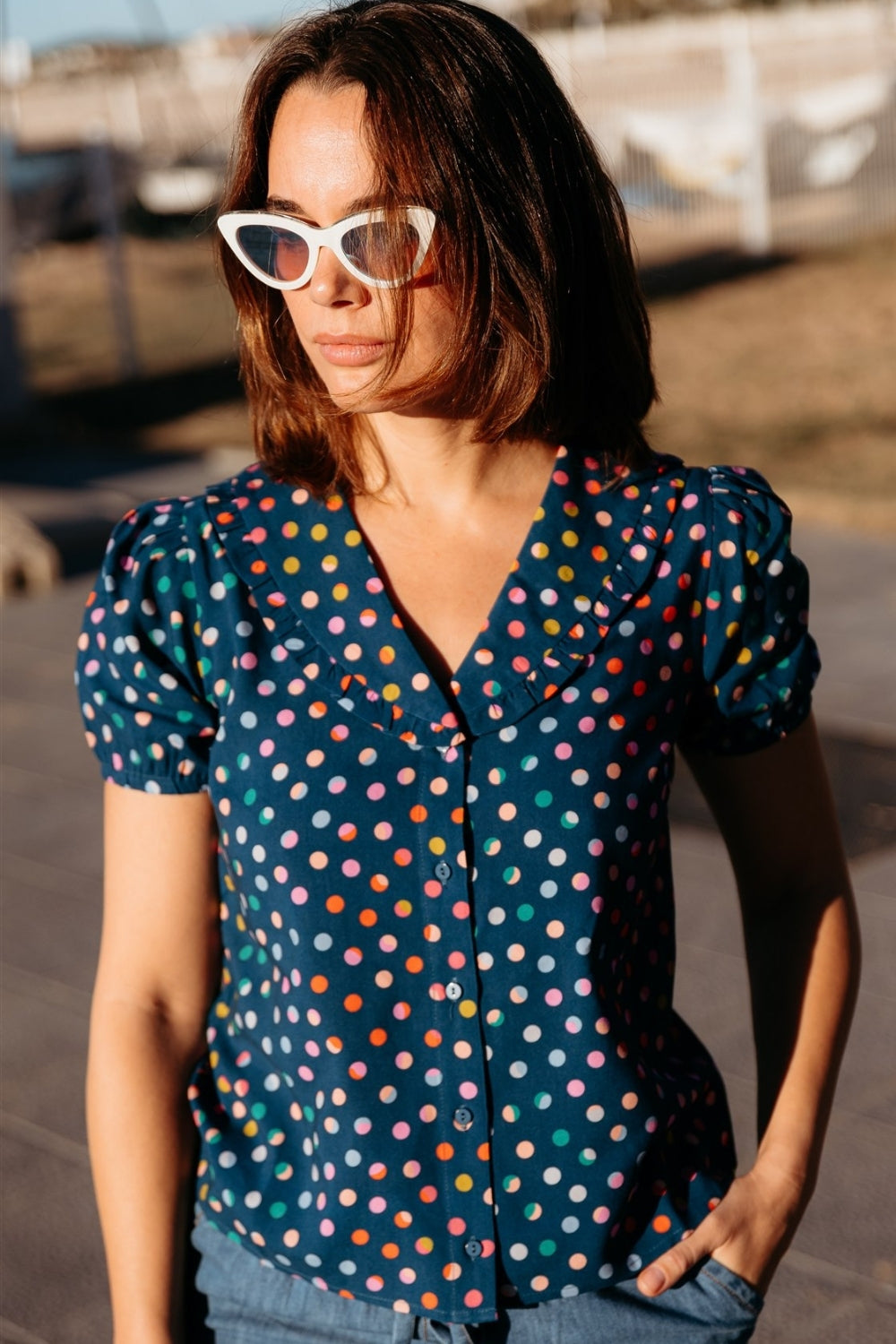 Sugarhill Elaine Frill Blouse - Petrol Navy, Rainbow Marbles.