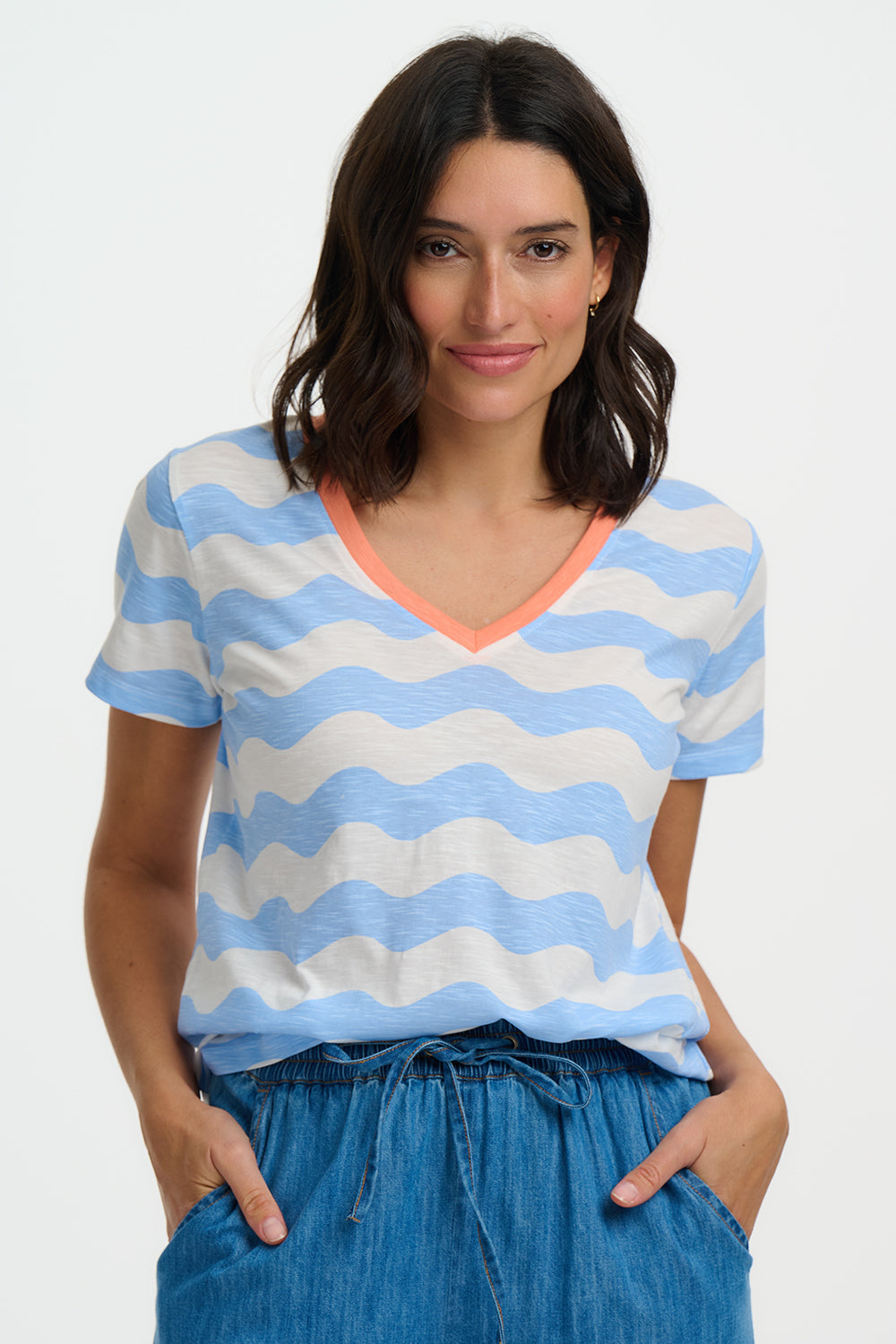 Sugarhill Khloe V Neck T/Shirt Off White / Blue Surf Waves.
