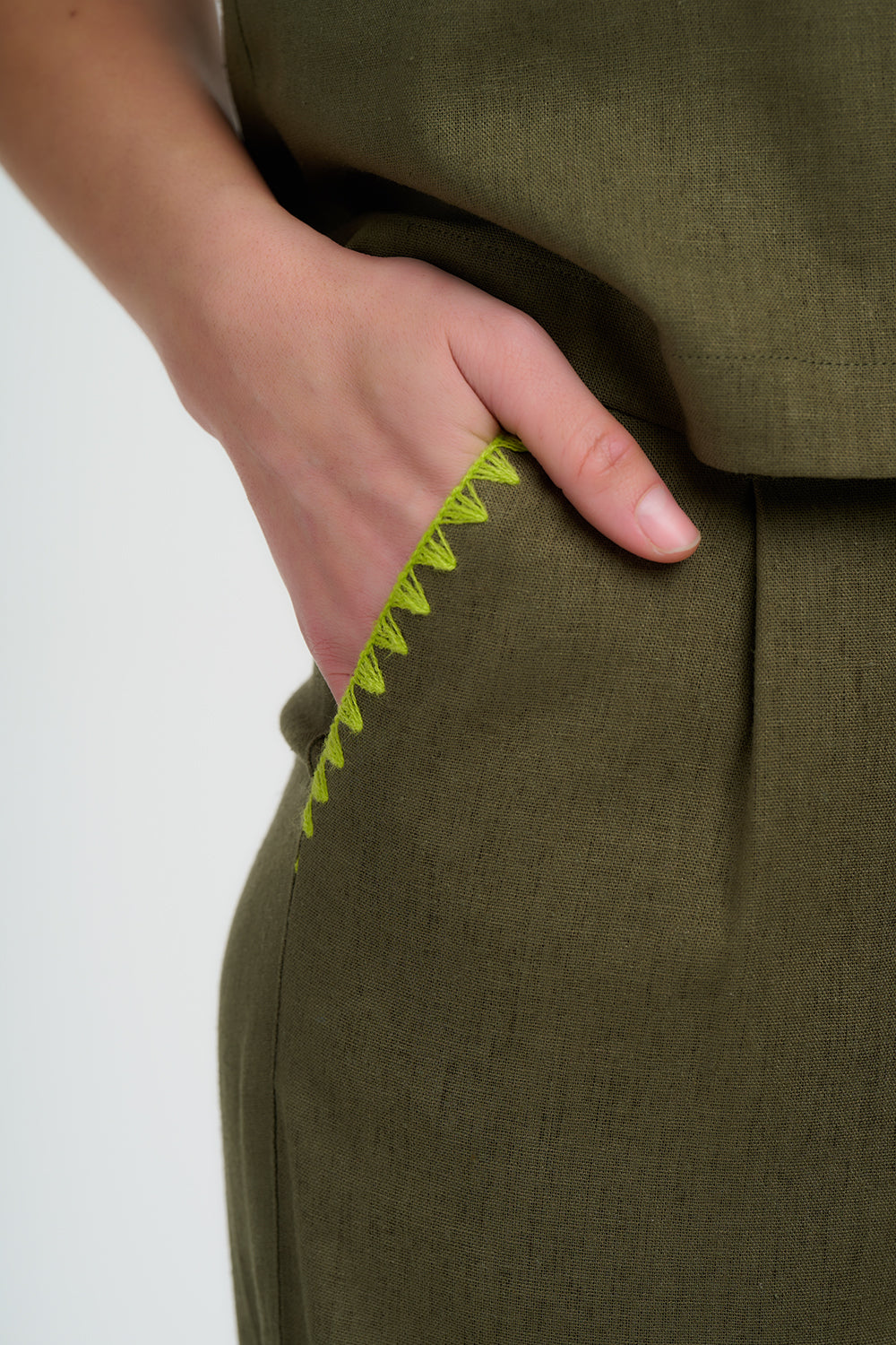 Sugarhill Lois Wide Leg Trousers Olive Decorative Stitch.