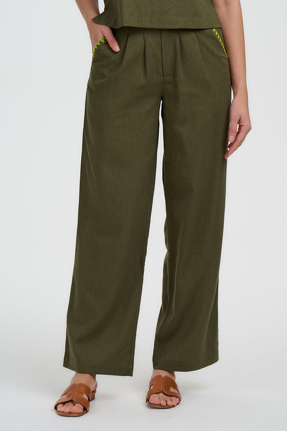 Sugarhill Lois Wide Leg Trousers Olive Decorative Stitch.