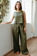 Sugarhill Lois Wide Leg Trousers Olive Decorative Stitch.