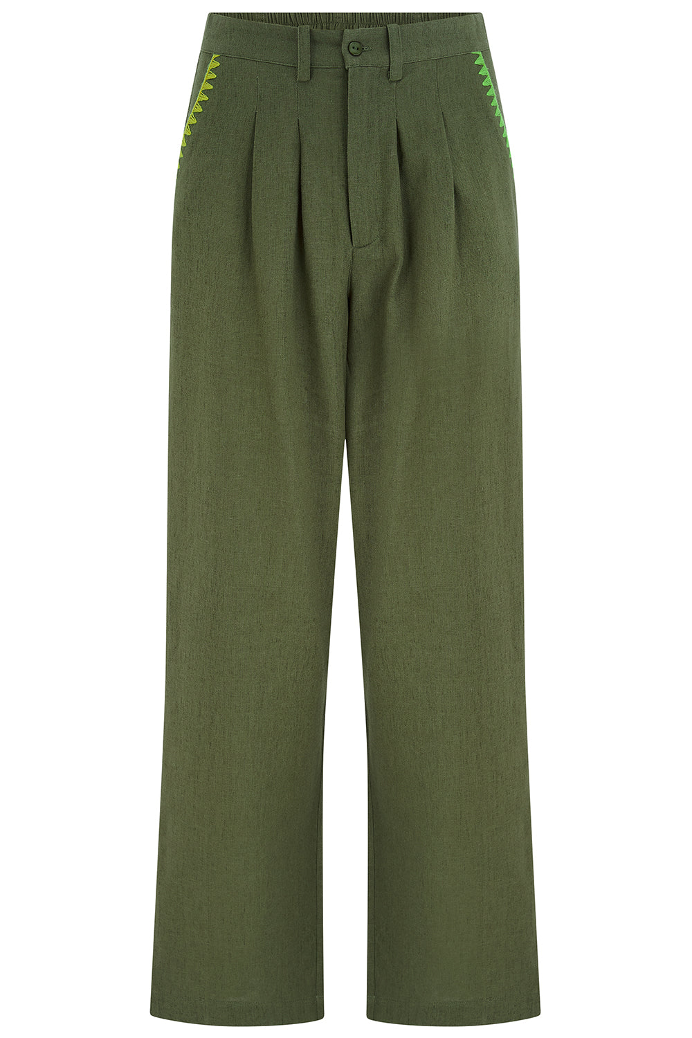 Sugarhill Lois Wide Leg Trousers Olive Decorative Stitch.