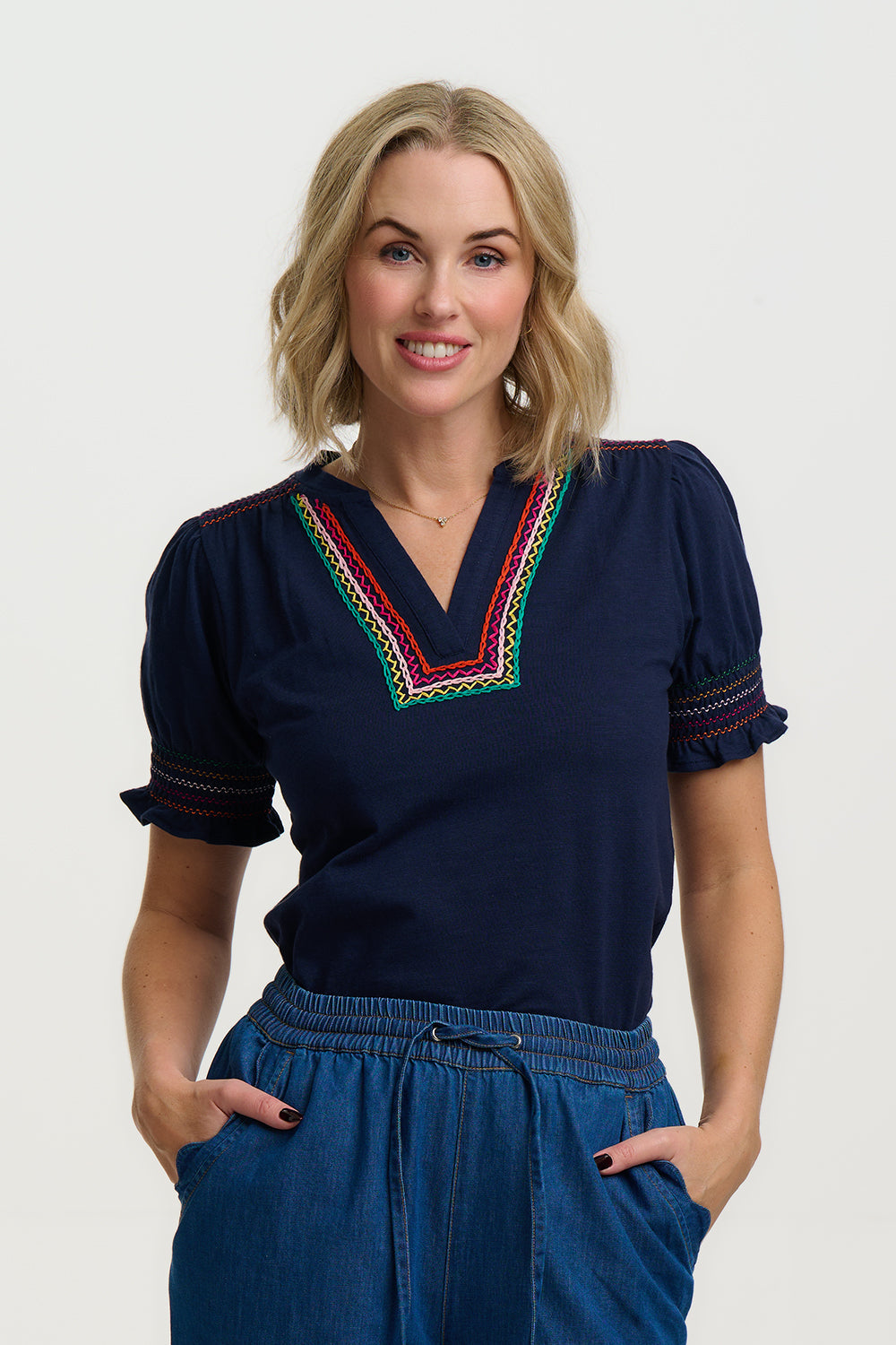 Sugarhill Luella Jersey Top Navy Zig Zags.