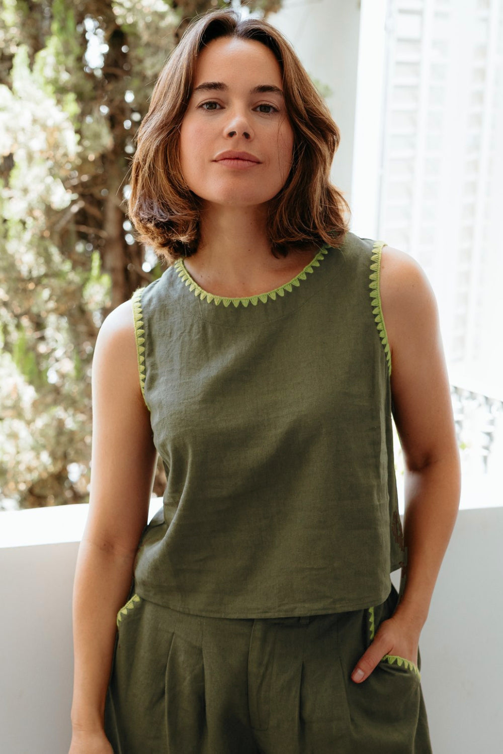 Sugarhill Senna Top Olive Decorative Stitch