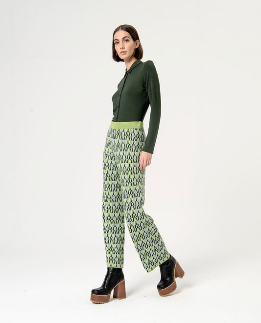 Surkana Knit Trousers with Wide Waist Band Green Mix