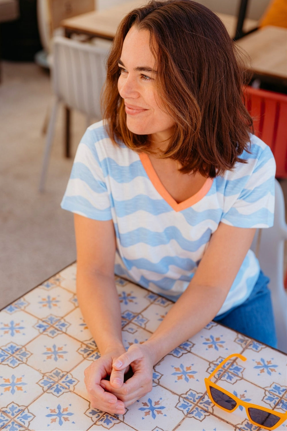 Sugarhill Khloe V Neck T/Shirt Off White / Blue Surf Waves.