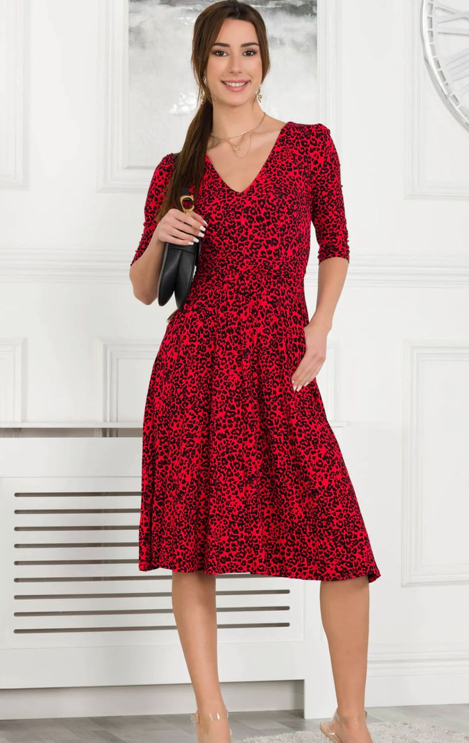 Jolie Moi Delylah V Neck Midi Dress, Red Leopard