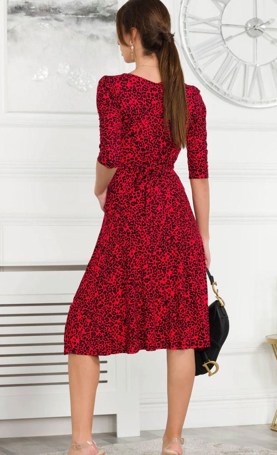 Jolie Moi Delylah V Neck Midi Dress, Red Leopard