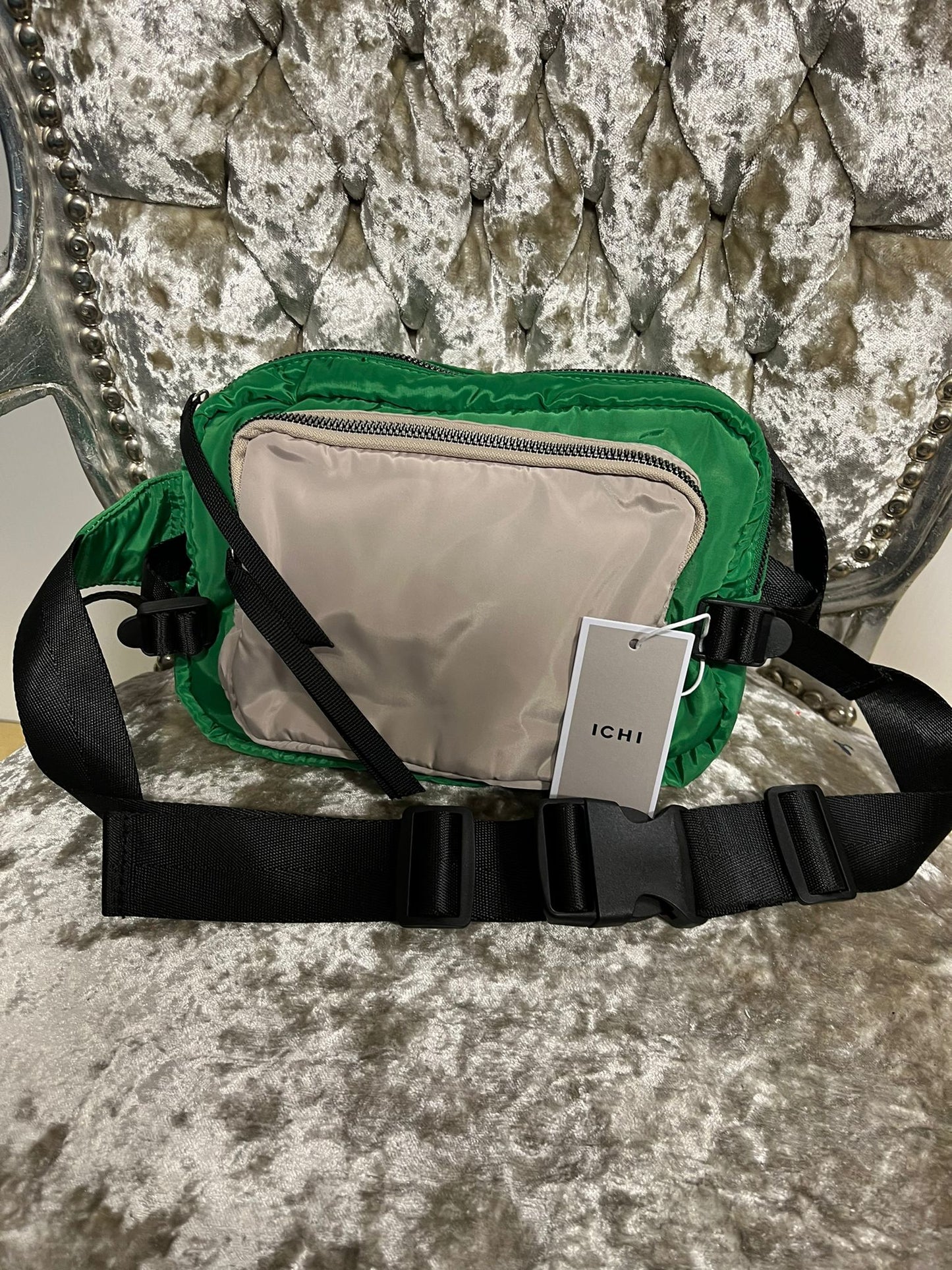 ICHI IHKARNA BUM Medium soft woven bum bag-Green/Beige