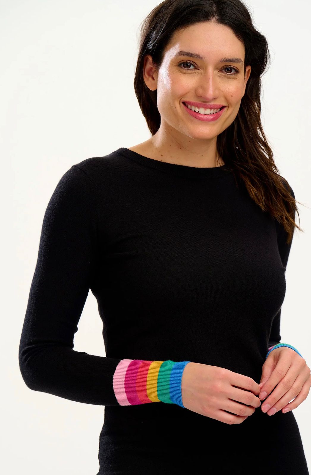 Sugarhill Liselle Midi Knit Dress Black Rainbow Stripe Cuffs