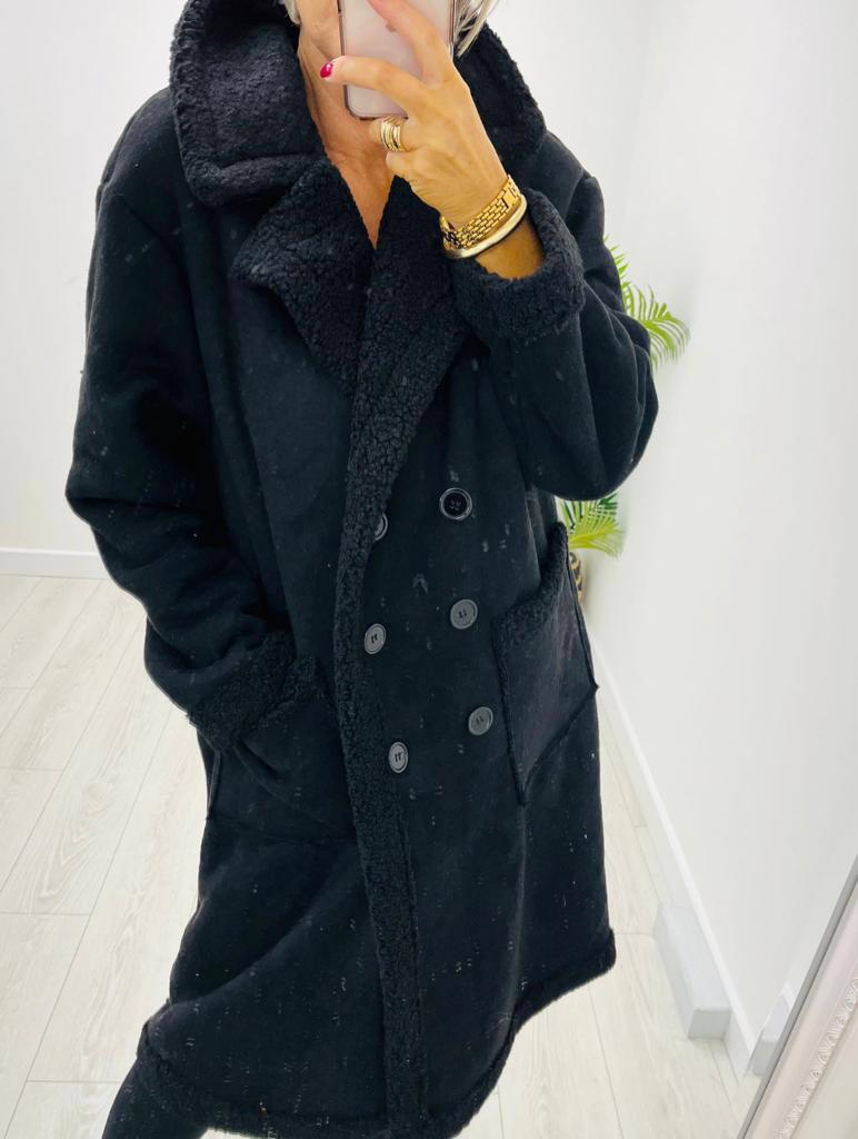Kyla Sheepskin Style coat Double Breasted Black