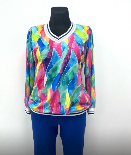 YEW Racer neck top Blue & Silver Stripe