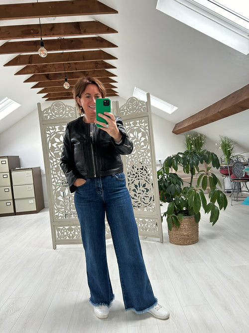 Bolongaro Trevor Round Neck Zip Through Leather Jacket-Black