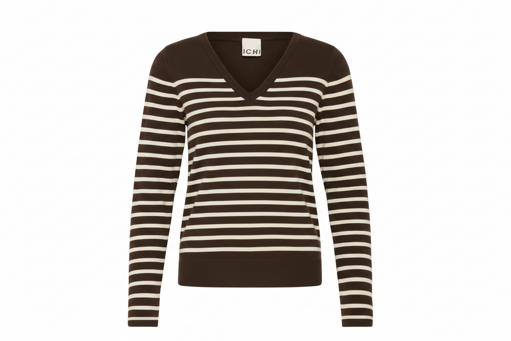 ICHI IHLULS V-NECK LS Knit - Brown & Cream Stripes.