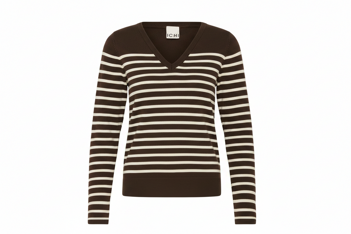 ICHI IHLULS V-NECK LS Knit - Brown & Cream Stripes.