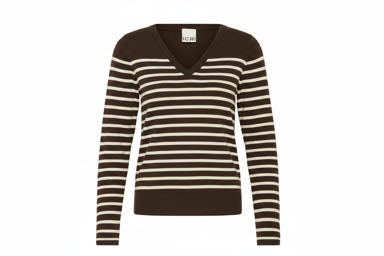 ICHI IHLULS V-NECK LS Knit - Brown & Cream Stripes.