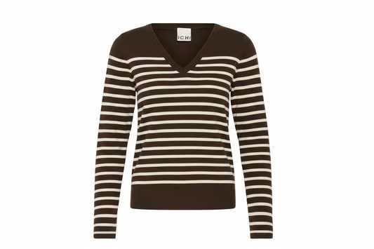 ICHI IHLULS V-NECK LS Knit - Brown & Cream Stripes.
