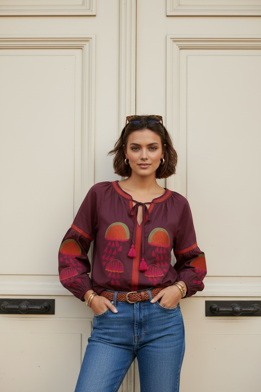 Sophie Paz Embroidered Blouse - Burgundy.