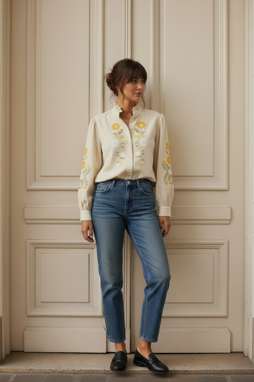Sophie fine Corduroy Shirt with Embroidery - Cream