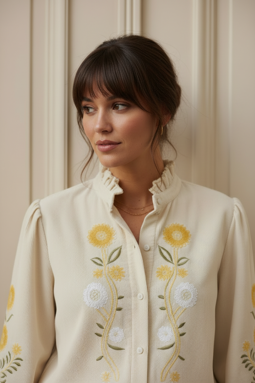 Sophie fine Corduroy Shirt with Embroidery - Cream