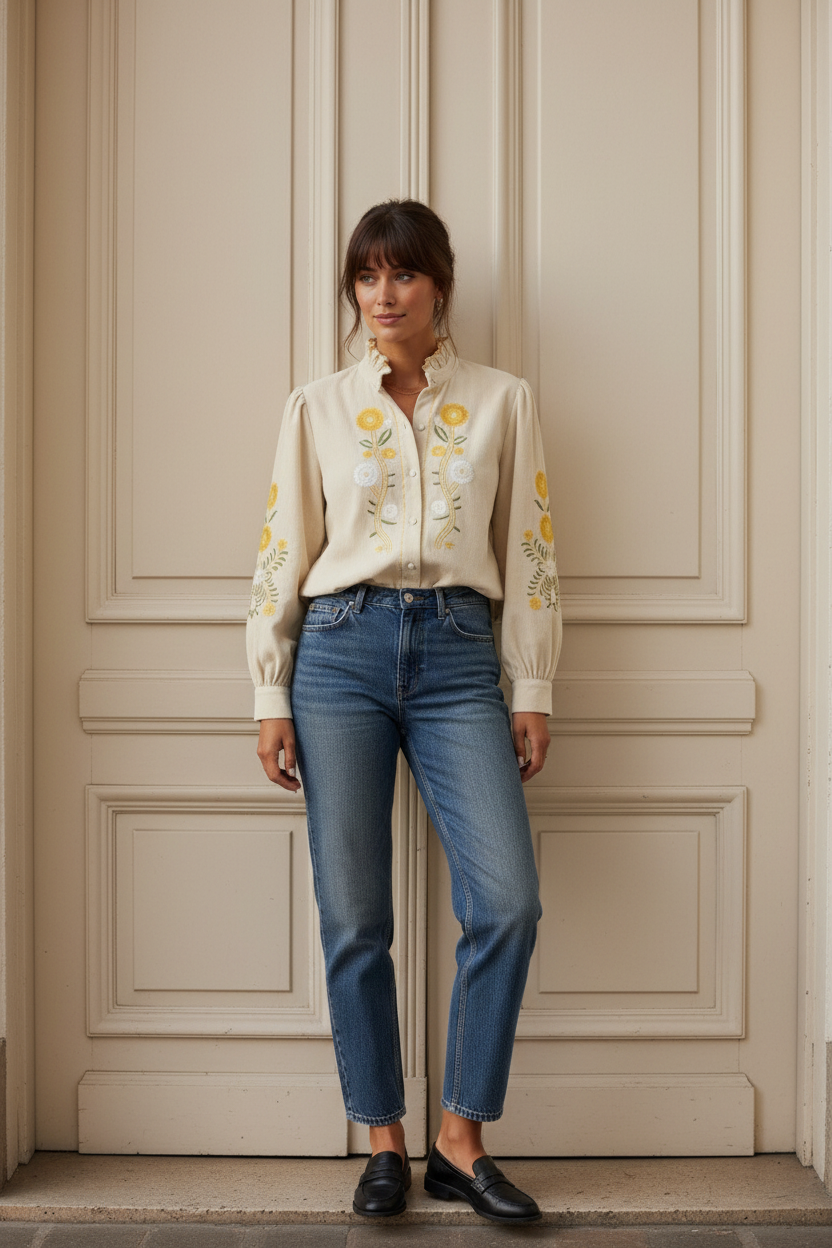 Sophie fine Corduroy Shirt with Embroidery - Cream