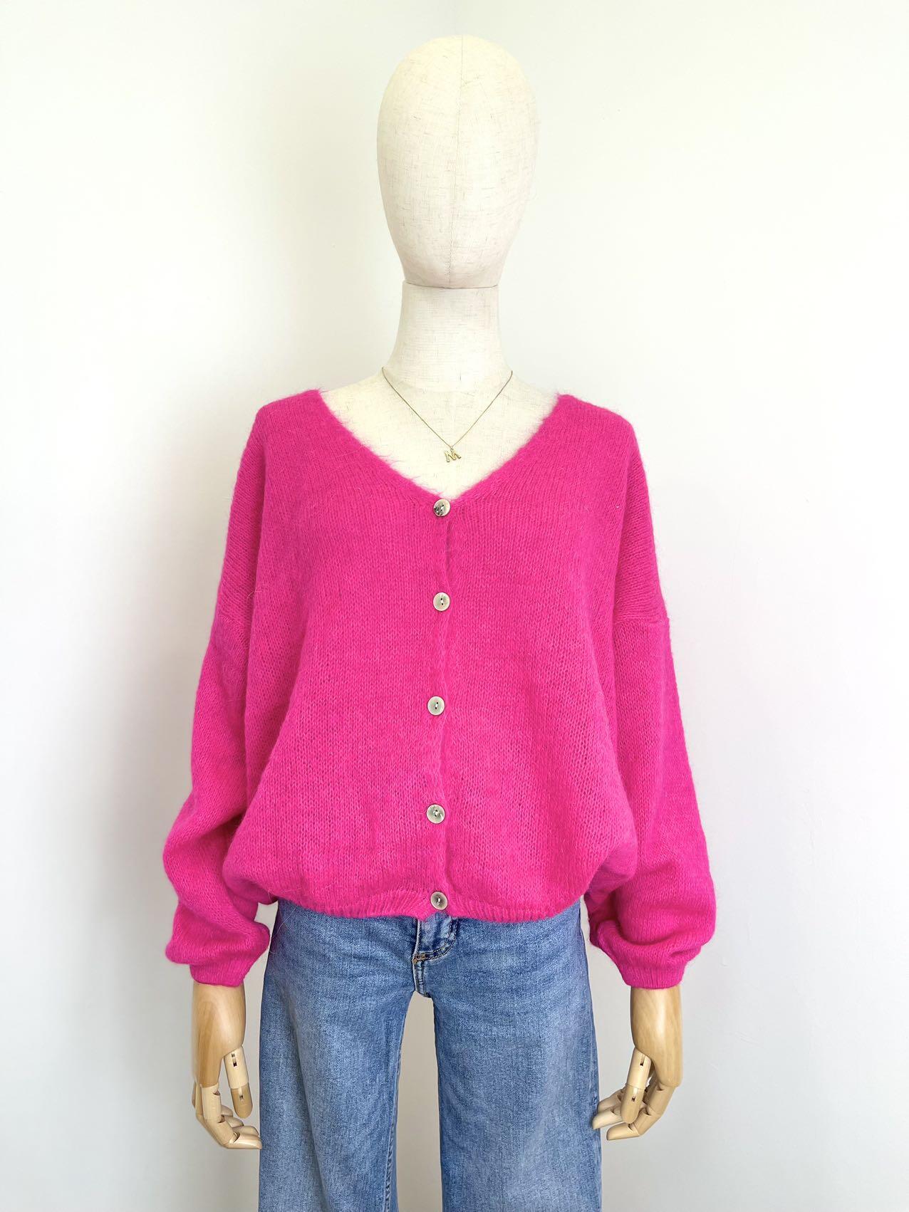 V Neck Cardi with Mohair in Hot Pink.