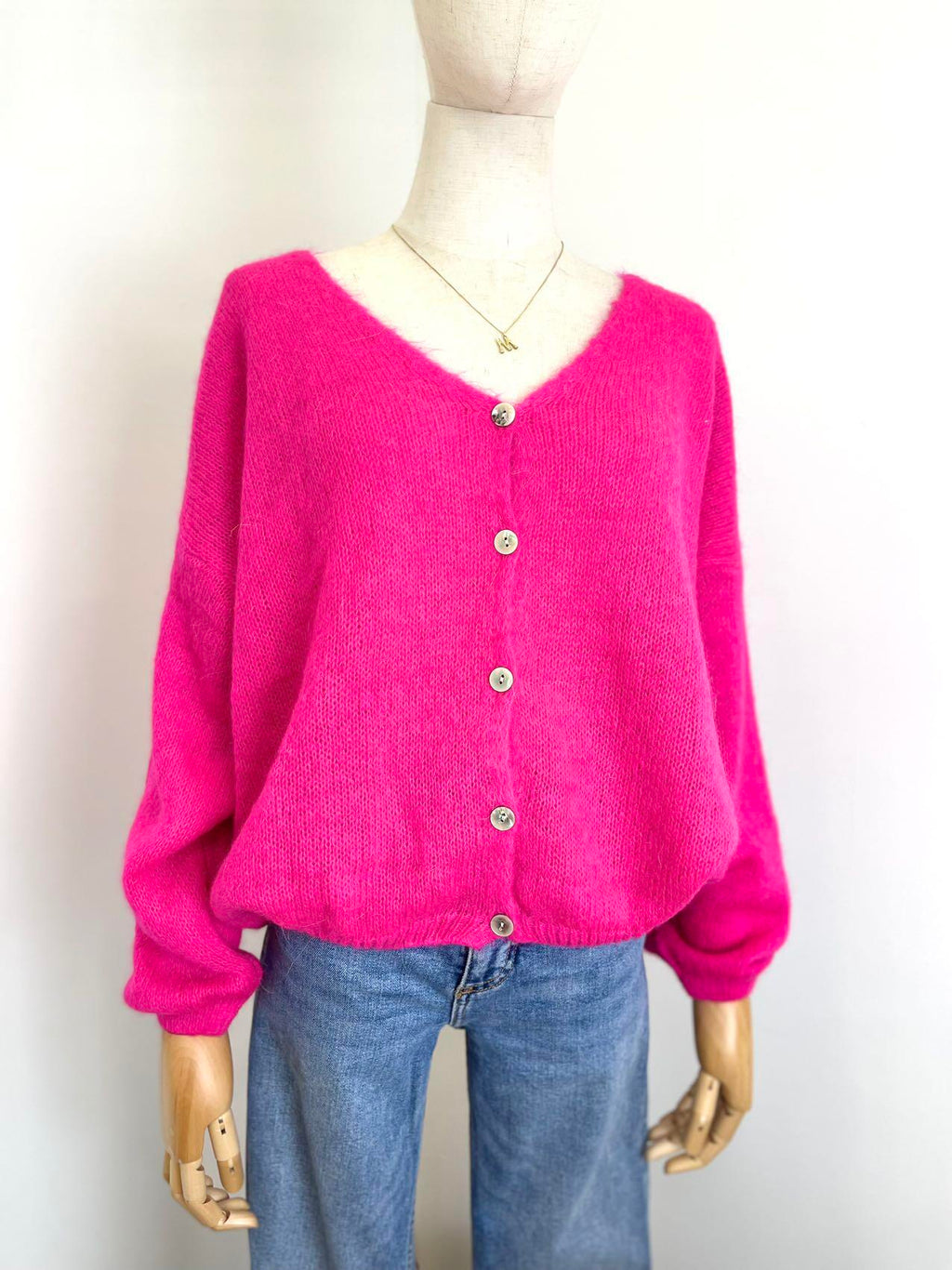V Neck Cardi with Mohair in Hot Pink.