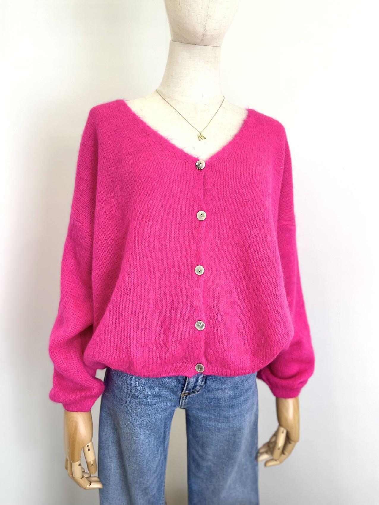 V Neck Cardi with Mohair in Hot Pink.