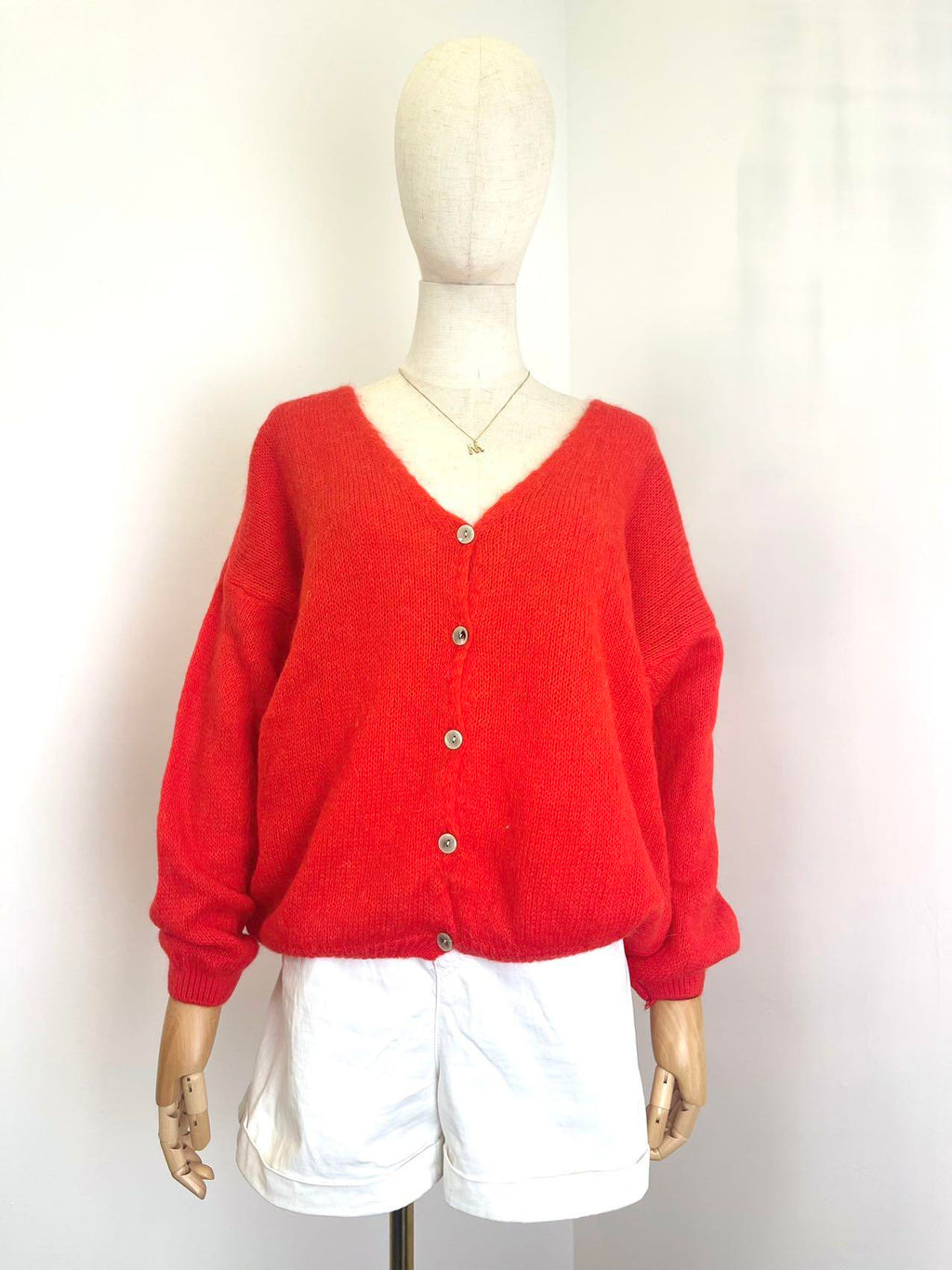 V Neck Cardi with mohair in Highlighter Coral.