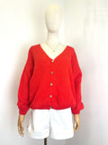 V Neck Cardi with mohair in Highlighter Coral.