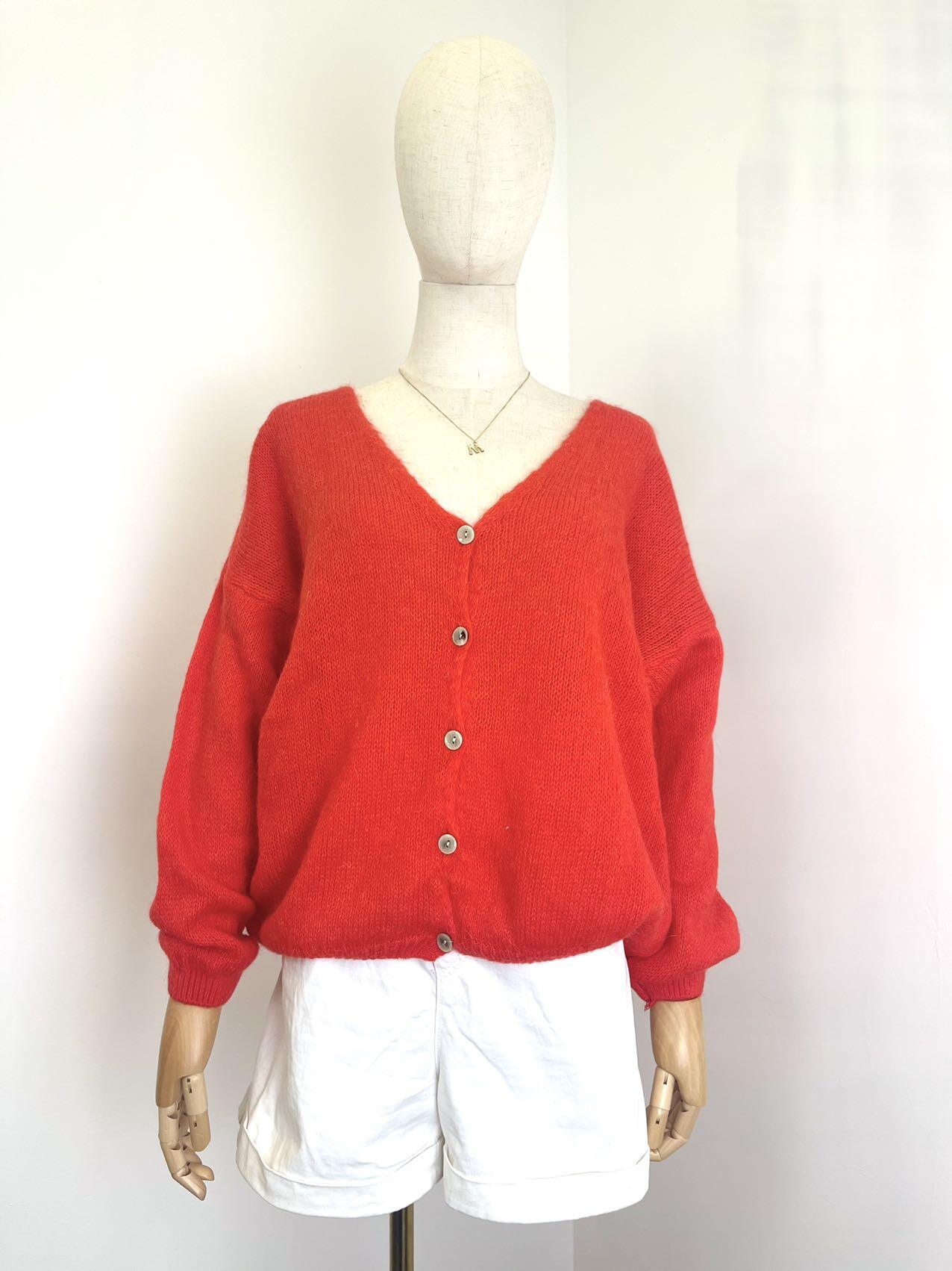 V Neck Cardi with mohair in Highlighter Coral.