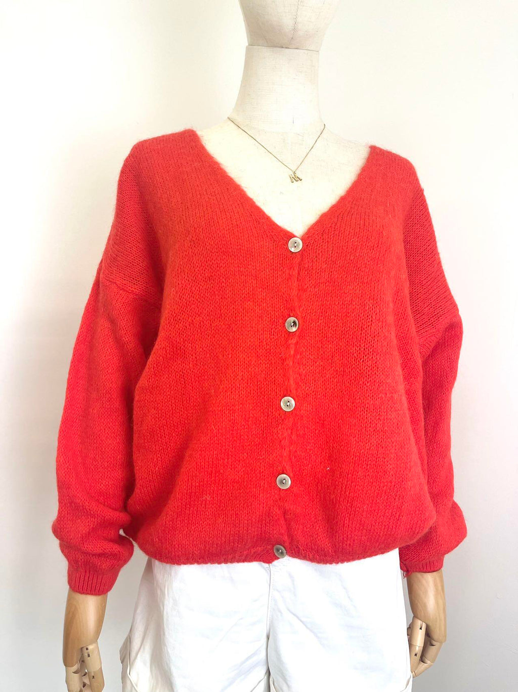 V Neck Cardi with mohair in Highlighter Coral.