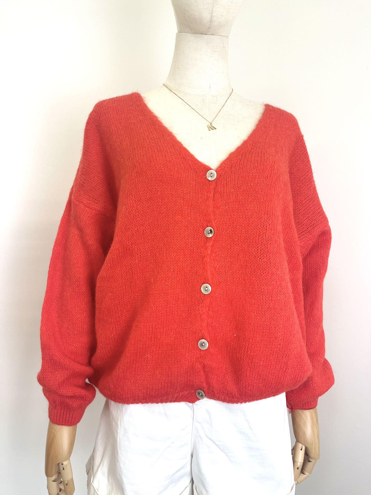 V Neck Cardi with mohair in Highlighter Coral.
