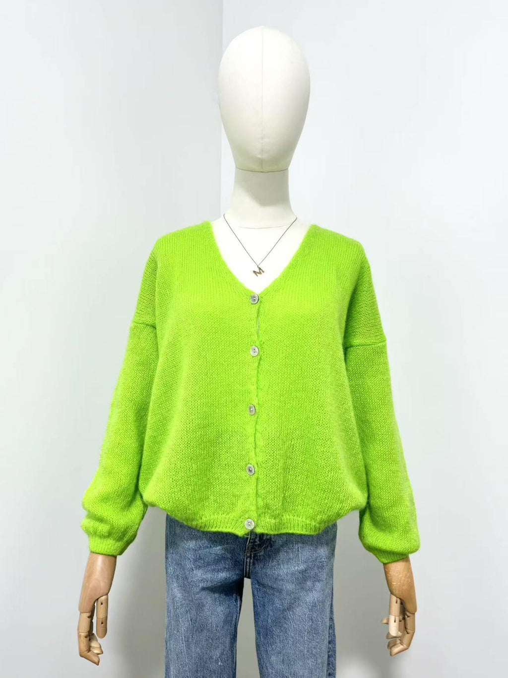 V Neck Cardi with Mohair in Highlighter Green.
