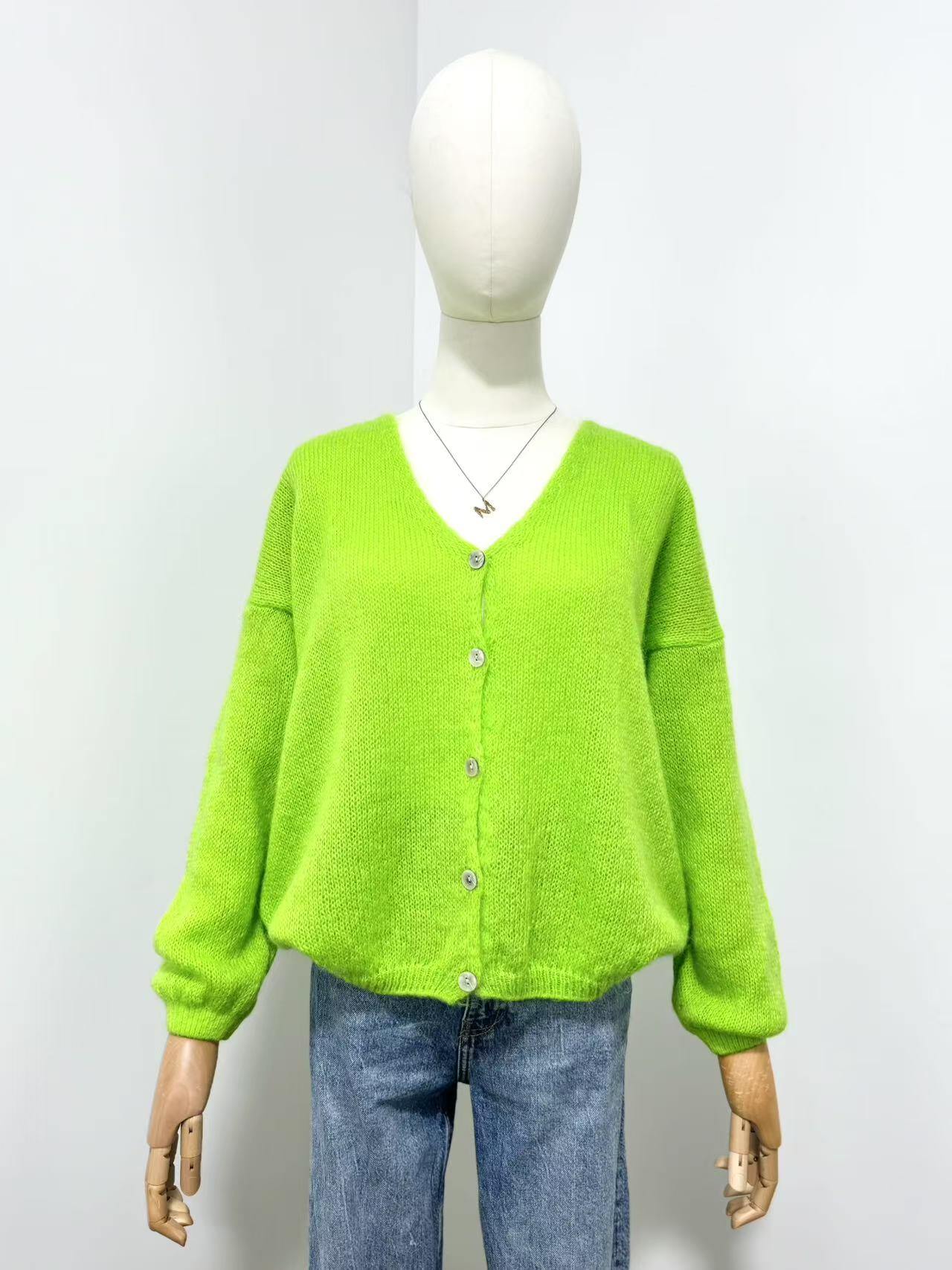 V Neck Cardi with Mohair in Highlighter Green.