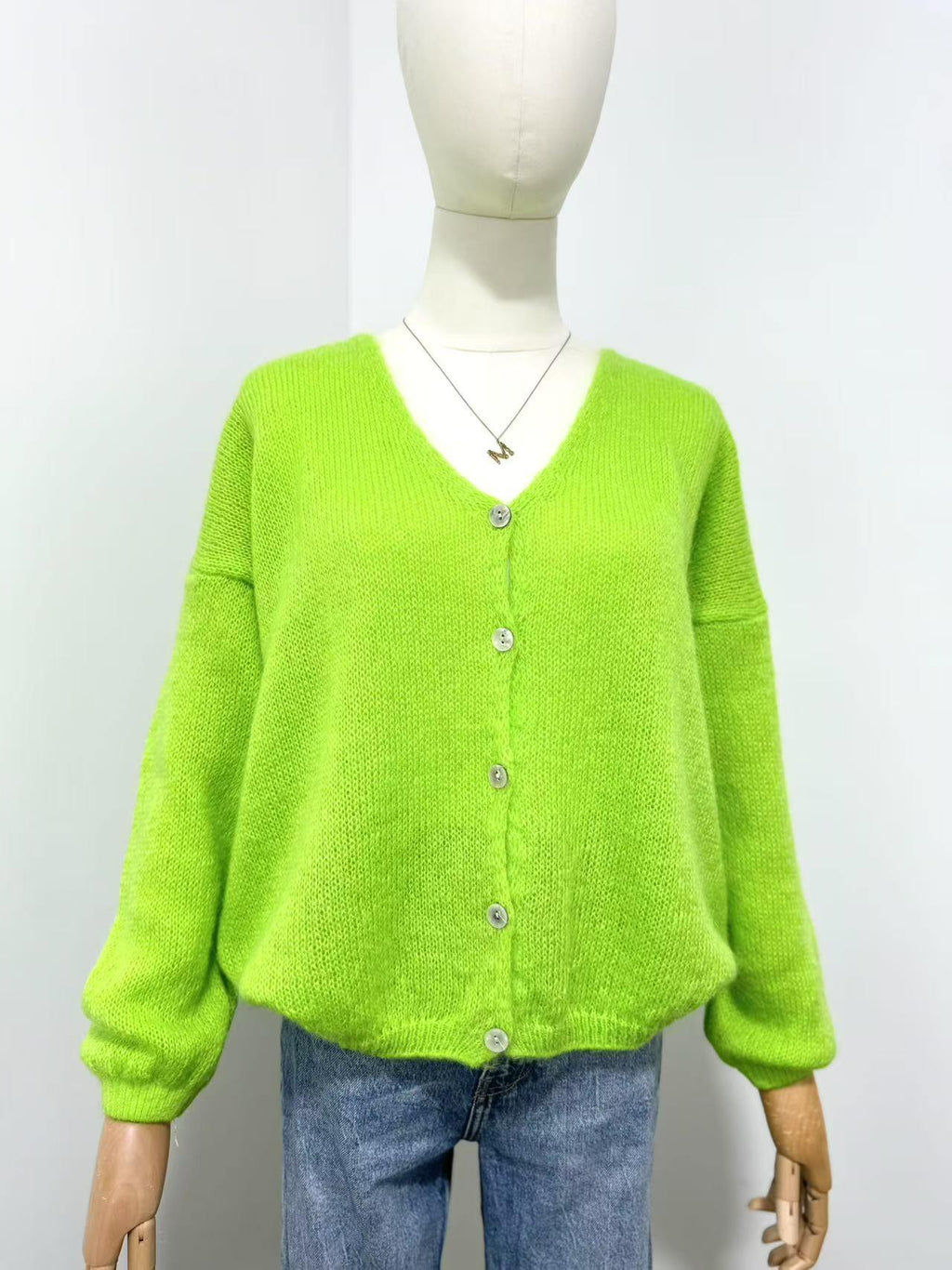 V Neck Cardi with Mohair in Highlighter Green.