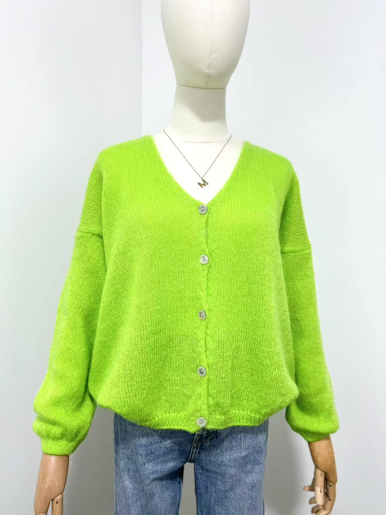 V Neck Cardi with Mohair in Highlighter Green.