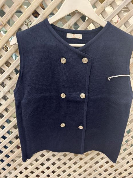 Kyla Double Breasted Waistcoat with Gilt Buttons Navy