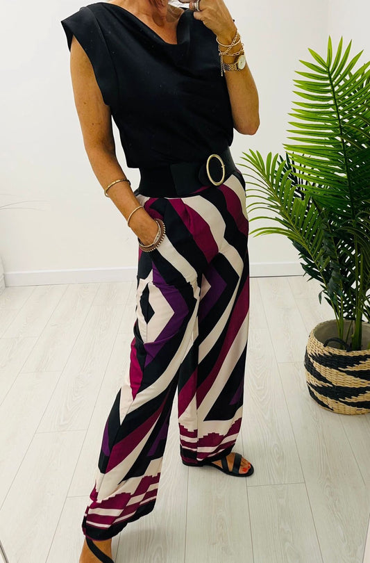 Kyla Palazzo Pants Geometric-Cerise/Black/White