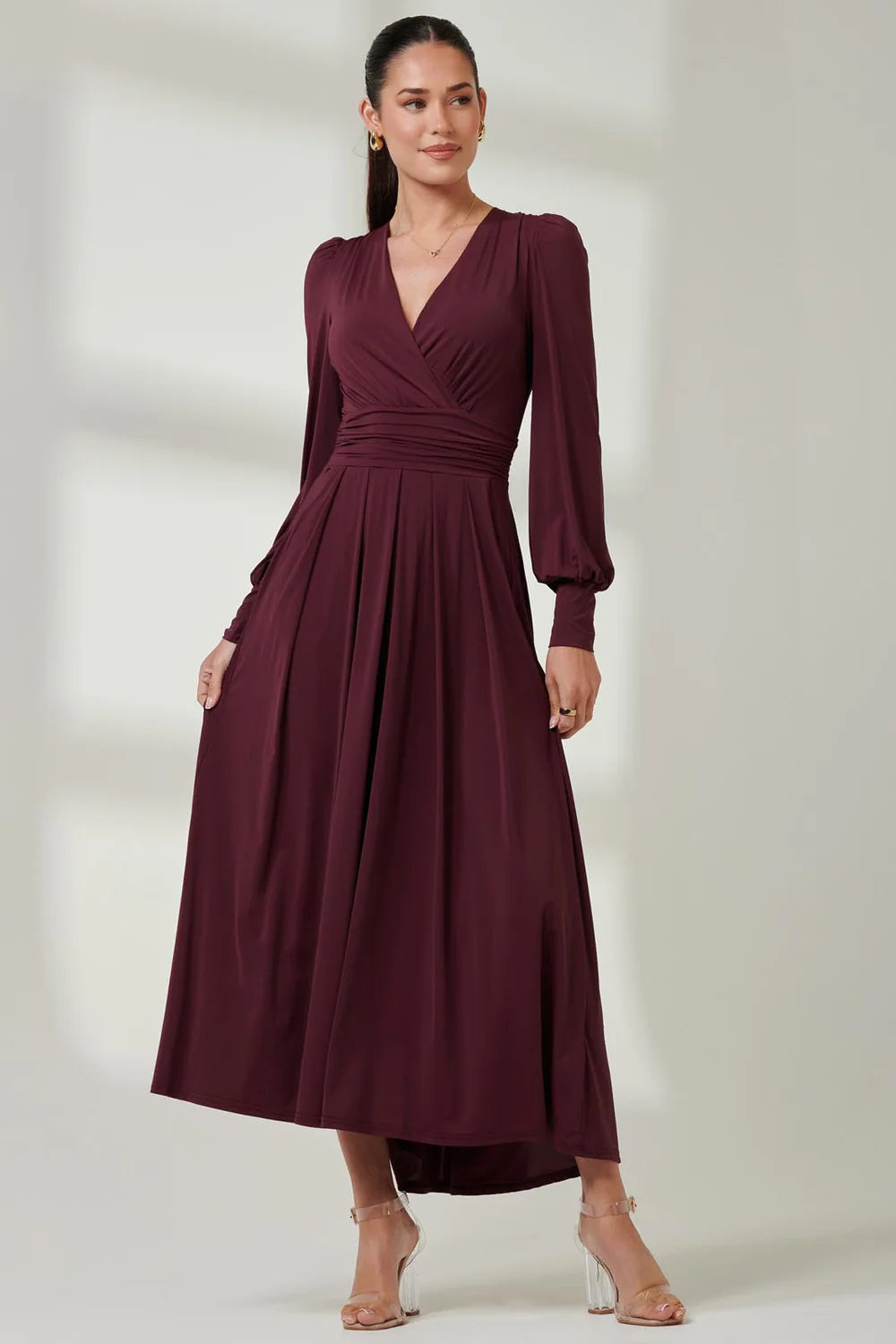 Jolie Moi Long Sleeve Soft Silky Jersey Maxi Dress-Burgundy