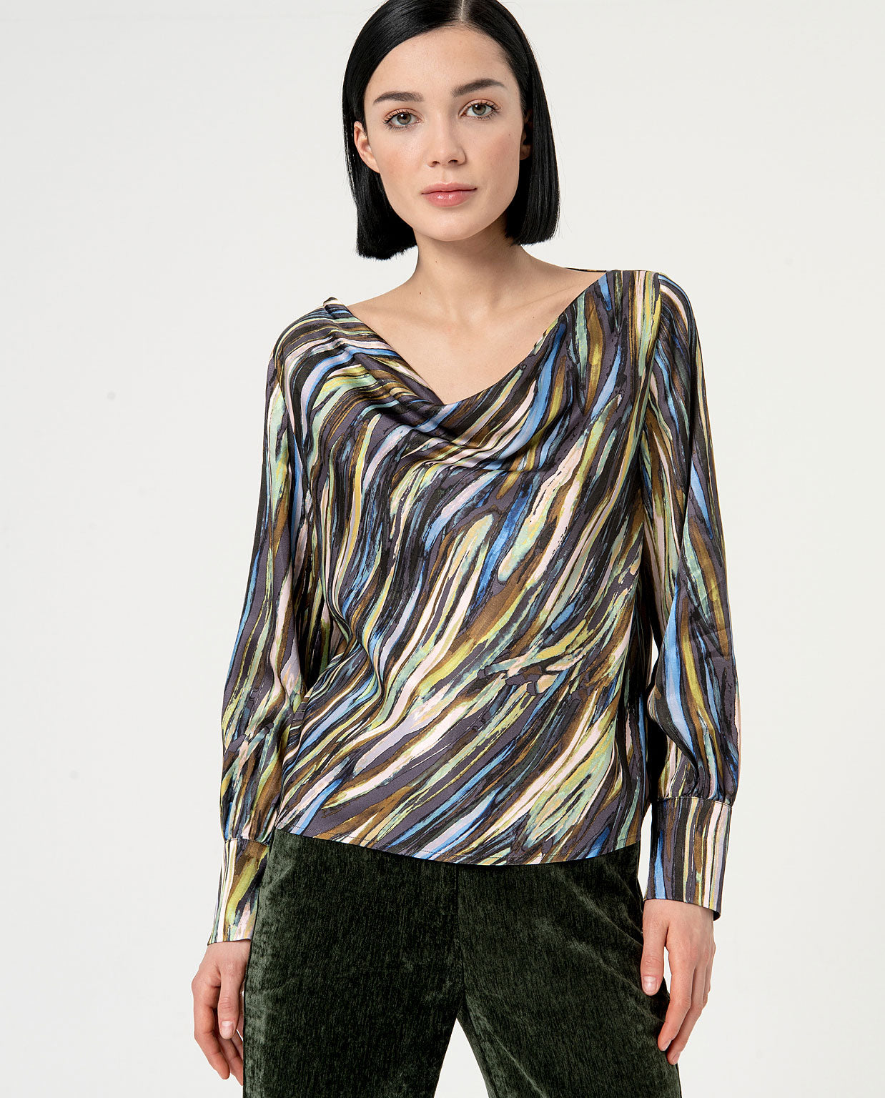 Surkana Draped Boat Neck Blouse. Green