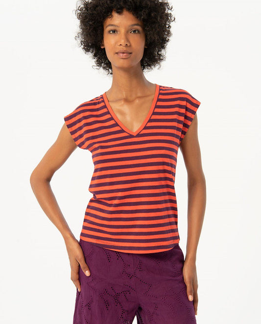 Surkana V neck Striped T shirt-Orange/Maroon