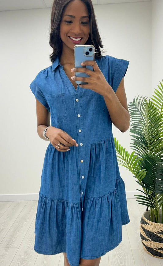 Kyla Shirt Dress with 2 tiers/Med Blue