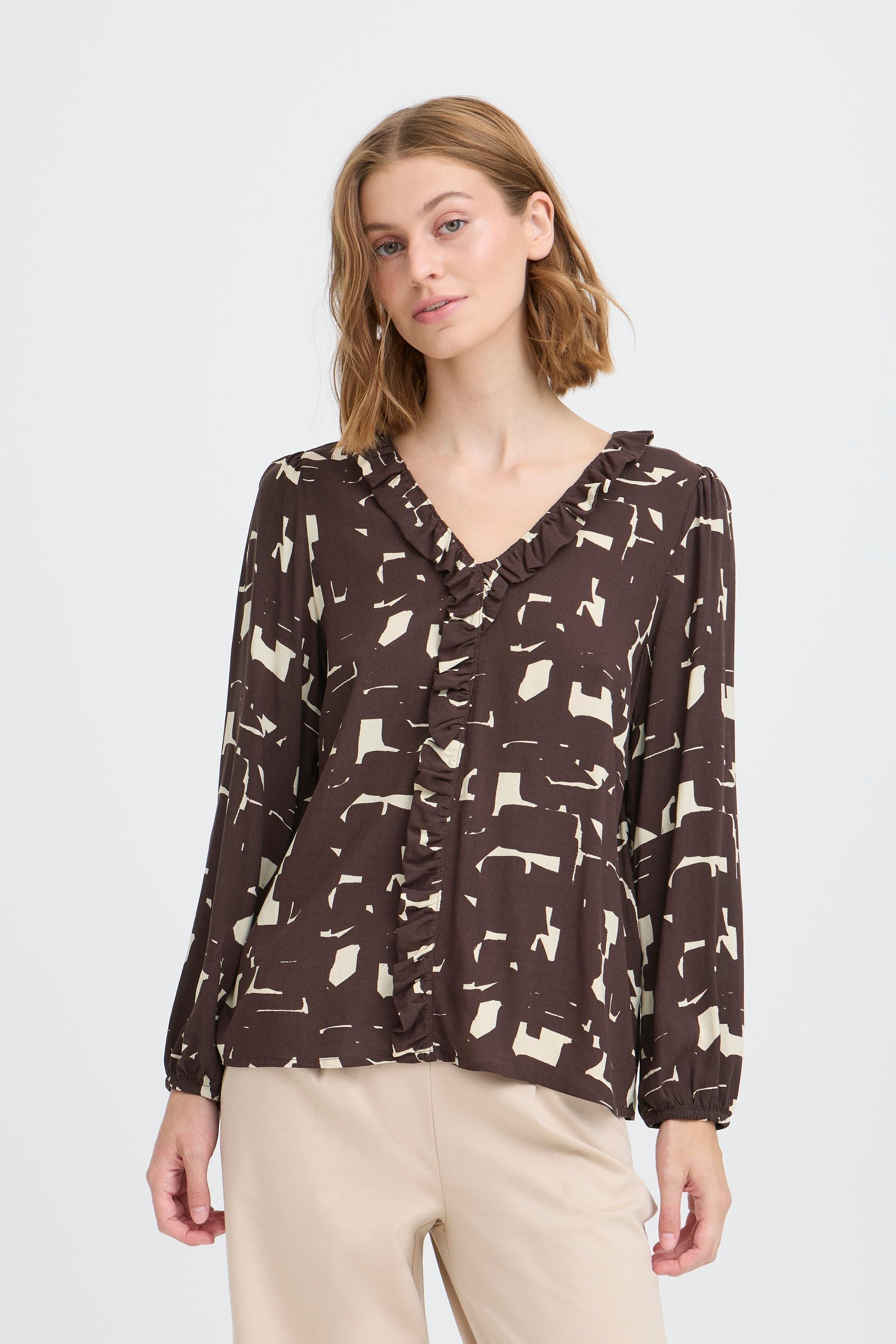 ICHI IHVERA Top Brown & Cream Geometric
