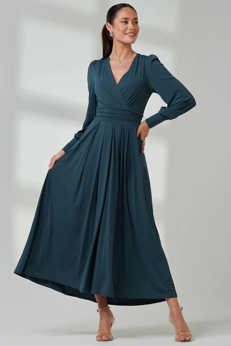 Jolie Moi Long Sleeve Soft Silky Jersey Maxi Dress-Dark Teal