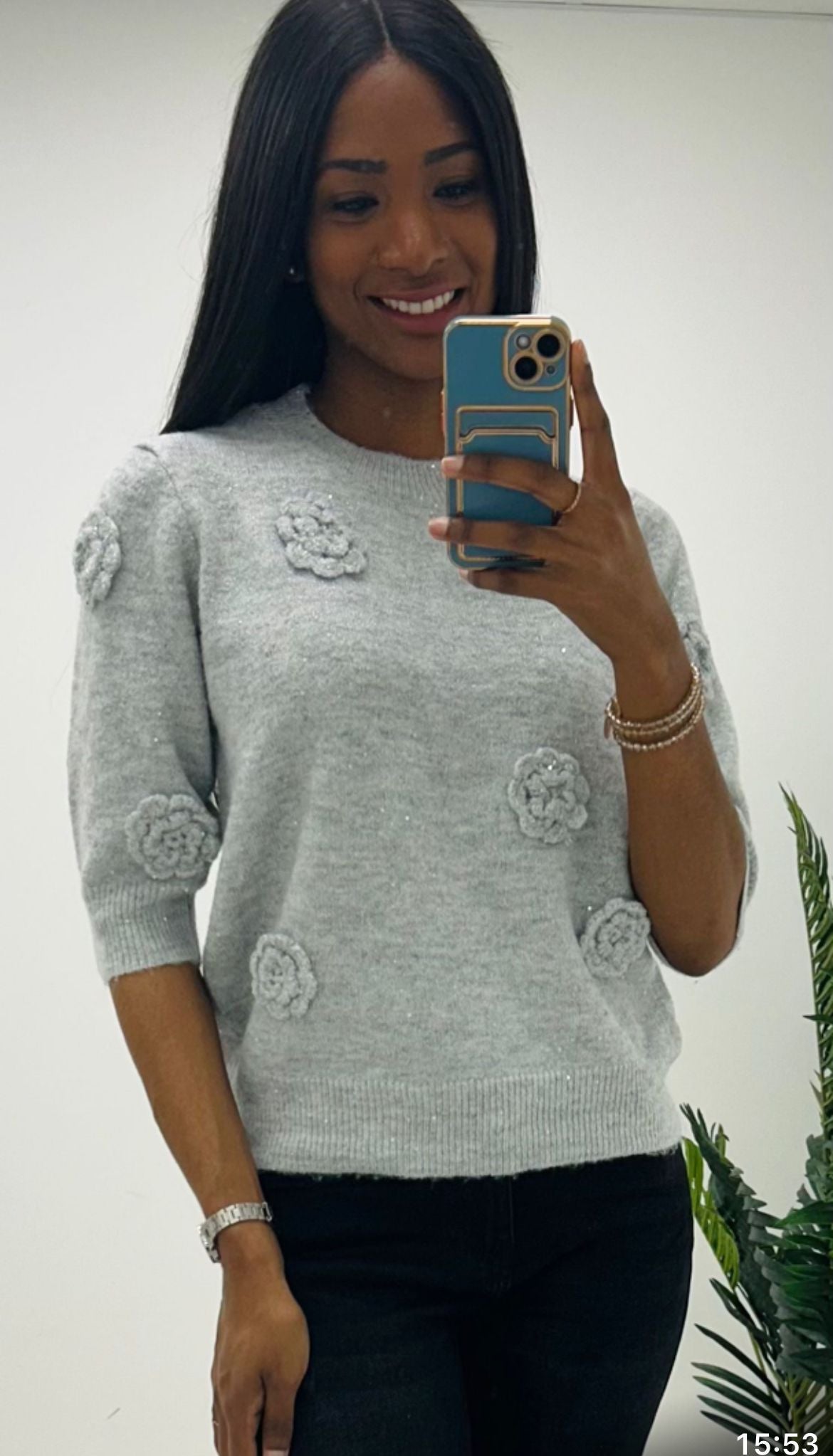 Kyla Jumper with applique flowers-Grey